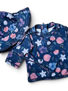 5/15$ Infant Girls Navy Watercolor Floral Rash Guard & Sun Hat Swim Set 2pc 6-9M
